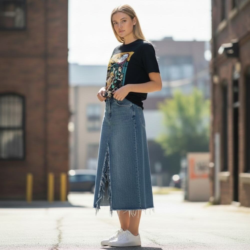 Pistola Distressed Denim Midi Skirt Womens 28/6 Raw Hem Frayed Center Slit Y2K